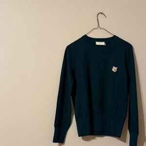 NWT MAISON KITSUNE Dark forest green Crewneck Sweater with Fox Patch m